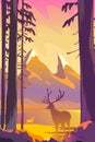 Beautiful autumn landscape flat design concept. Deer standing in the forest on a background of mountains. Wild nature vector Royalty Free Stock Photo